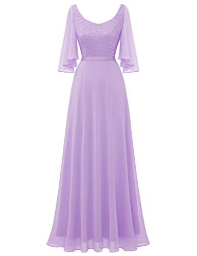 DRESSTELLS Damen Abendkleid Bodenlang Elegant für Hochzeit Chiffon Brautjungfernkleider Spitzen Cocktailkleid Große Größe Ballkleid Lavender XL von DRESSTELLS