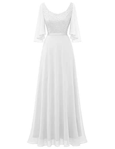 DRESSTELLS Damen Abendkleid Bodenlang Elegant für Hochzeit Chiffon Brautjungfernkleider Spitzen Cocktailkleid Große Größe Ballkleid White XL von DRESSTELLS