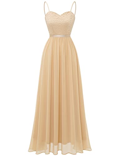 DRESSTELLS Damen Abendkleid Bodenlang Elegant für Hochzeit Chiffon Brautjungfernkleider Spitzen Cocktailkleid mit Spaghettiträgern Ärmellos Ballkleid Champagne XL von DRESSTELLS