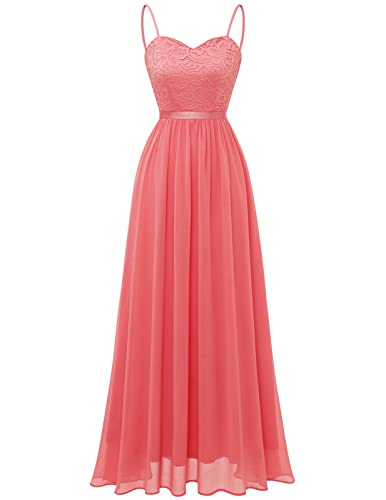 DRESSTELLS Damen Abendkleid Bodenlang Elegant für Hochzeit Chiffon Brautjungfernkleider Spitzen Cocktailkleid mit Spaghettiträgern Ärmellos Ballkleid Coral XL von DRESSTELLS