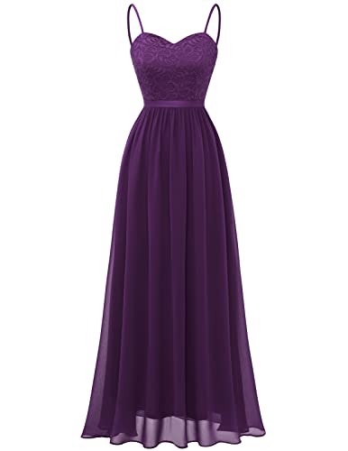 DRESSTELLS Damen Abendkleid Bodenlang Elegant für Hochzeit Chiffon Brautjungfernkleider Spitzen Cocktailkleid mit Spaghettiträgern Ärmellos Ballkleid Grape XL von DRESSTELLS