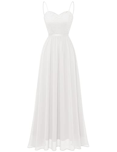 DRESSTELLS Damen Abendkleid Bodenlang Elegant für Hochzeit Chiffon Brautjungfernkleider Spitzen Cocktailkleid mit Spaghettiträgern Ärmellos Ballkleid White XL von DRESSTELLS