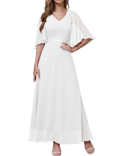DRESSTELLS Abendkleid Damen Hochzeit Festlich Chiffon Spitzenkleid Cape Ärmel Brautkleid Weiß Bodenlang V-Ausschnitt Elegantes Lang Partykleid White S von DRESSTELLS