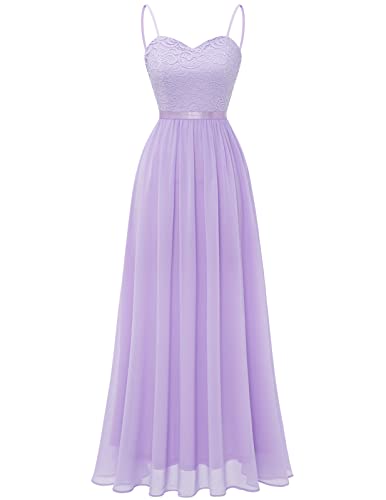 DRESSTELLS Damen Abendkleid Lang Elegant für Hochzeit Chiffon Brautjungfernkleider Bodenlang Cocktailkleid mit Spaghettiträgern Spitzen Ärmellos Ballkleid Lavender 2XL von DRESSTELLS