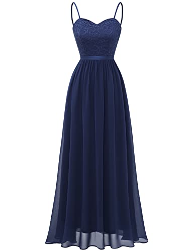 DRESSTELLS Damen Abendkleid Lang Elegant für Hochzeit Chiffon Brautjungfernkleider Bodenlang Cocktailkleid mit Spaghettiträgern Spitzen Ärmellos Ballkleid Navy 2XL von DRESSTELLS