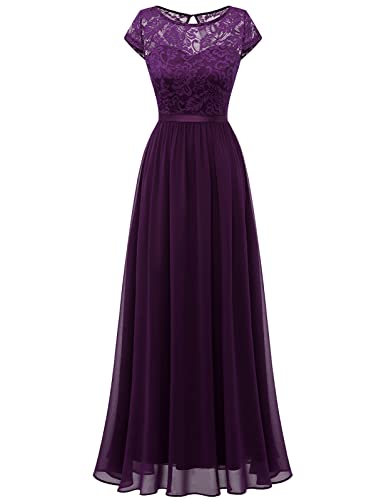 DRESSTELLS Damen Abendkleider Elegant Cocktailkleid Spitzen Ballkleider für Hochzeit Maxilang Grape M von DRESSTELLS