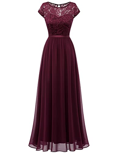 DRESSTELLS Damen Abendkleider Elegant für Hochzeit Cocktailkleid Spitzen Ballkleider Maxilang Burgundy M von DRESSTELLS