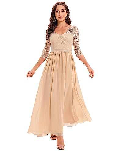 DRESSTELLS Damen Abendkleider Elegant für Hochzeit Cocktailkleid Spitzen Ballkleider Maxilang Champagne S von DRESSTELLS