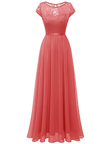 DRESSTELLS Damen Abendkleider Elegant für Hochzeit Cocktailkleid Spitzen Ballkleider Maxilang Coral M von DRESSTELLS