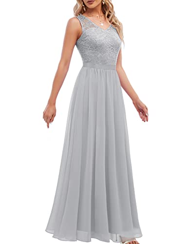 DRESSTELLS Damen Abendkleider Elegant für Hochzeit Cocktailkleid Spitzen Ballkleider Maxilang Grey S von DRESSTELLS