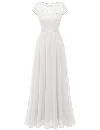 DRESSTELLS Damen Abendkleider Elegant für Hochzeit Cocktailkleid Spitzen Ballkleider Maxilang White M von DRESSTELLS