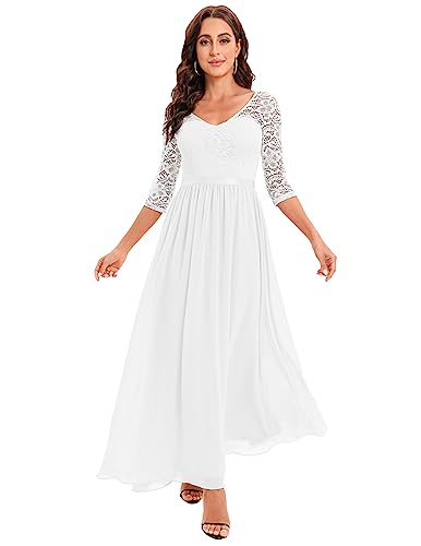 DRESSTELLS Damen Abendkleider Elegant für Hochzeit Cocktailkleid Spitzen Ballkleider Maxilang White S von DRESSTELLS