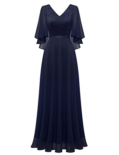 DRESSTELLS Damen Abendkleider Elegant für Hochzeit Cocktailkleid Spitzen Ballkleider Maxilang mit Kurze Ärmel Navy XL von DRESSTELLS