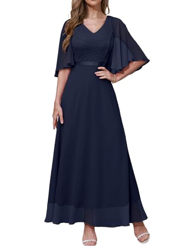DRESSTELLS Damen Abendkleider Elegant für Hochzeit Cocktailkleid Spitzen Ballkleider Maxilang mit Kurze Ärmel Navy XL von DRESSTELLS