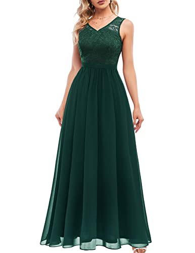 DRESSTELLS Damen Ballkleid Maxi Lang Abendkleider Chiffon Spitzen Brautjungfernkleider Bodenlang Cocktailkleid Konfirmationskleid DarkGreen L von DRESSTELLS