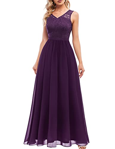 DRESSTELLS Damen Ballkleid Maxi Lang Abendkleider Chiffon Spitzen Brautjungfernkleider Bodenlang Cocktailkleid Konfirmationskleid Grape L von DRESSTELLS