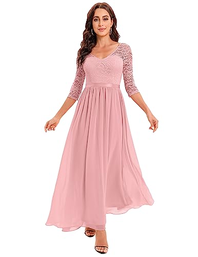 DRESSTELLS Damen Abendkleider Lang Chiffon Brautjungfernkleider Hochzeitskleid Spitzenkleider Blush M von DRESSTELLS