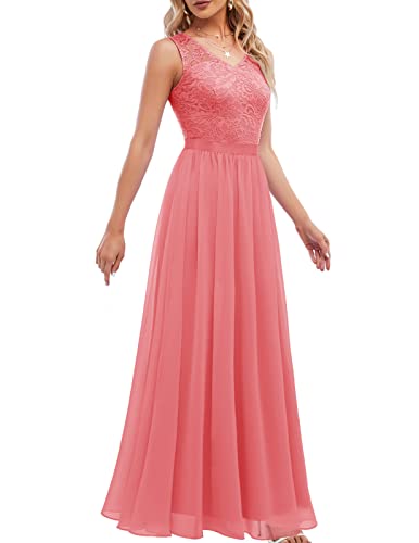 DRESSTELLS Damen Ärmellos Abendkleider Maxi Lang Ballkleid Chiffon Spitzen Brautjungfernkleider Hochzeitskleider für gäste Bodenlang Brautkleid Coral M von DRESSTELLS