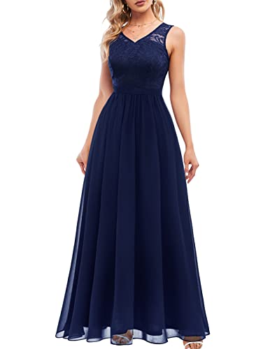 DRESSTELLS Damen Abendkleider Lang Chiffon Brautjungfernkleider Hochzeitskleid Spitzenkleider Navy M von DRESSTELLS