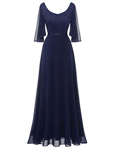 DRESSTELLS Damen Abendkleider Maxi Lang Ballkleid Chiffon Spitzen Brautjungfernkleider Hochzeitskleider für gäste Bodenlang Brautkleid Navy M von DRESSTELLS