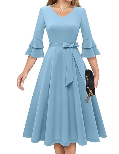 DRESSTELLS Damen Audrey Hepburn Kleid mit niedlichen Ärmeln Elegant Party Cocktail Formal Hochzeitsgast LangarmAbendkleid 50er Jahre Kleider Blue M von DRESSTELLS