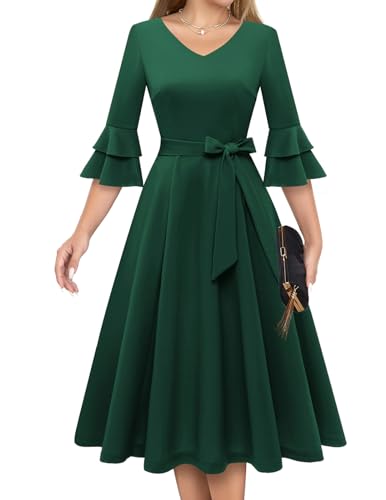 DRESSTELLS Damen Audrey Hepburn Kleid mit niedlichen Ärmeln Elegant Party Cocktail Formal Hochzeitsgast LangarmAbendkleid 50er Jahre Kleider DarkGreen M von DRESSTELLS