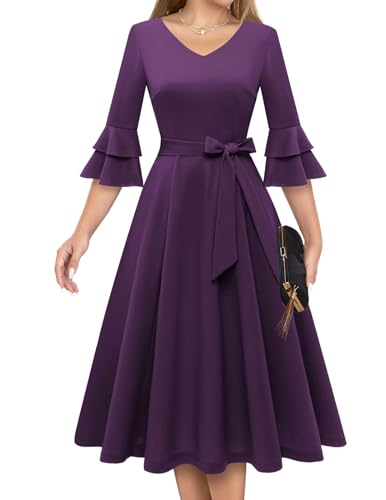 DRESSTELLS Damen Audrey Hepburn Kleid mit niedlichen Ärmeln Elegant Party Cocktail Formal Hochzeitsgast LangarmAbendkleid 50er Jahre Kleider Grape M von DRESSTELLS