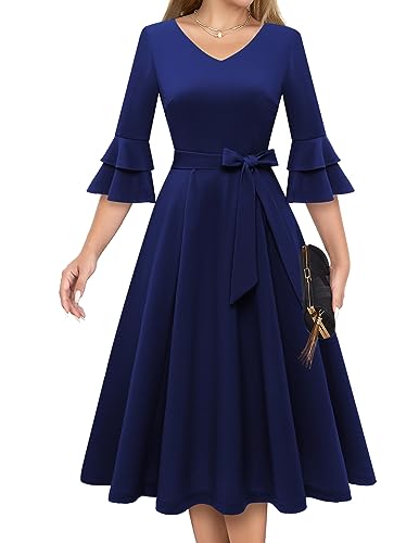 DRESSTELLS Damen Audrey Hepburn Kleid mit niedlichen Ärmeln Elegant Party Cocktail Formal Hochzeitsgast LangarmAbendkleid 50er Jahre Kleider Navy M von DRESSTELLS