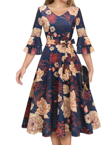 DRESSTELLS Damen Audrey Hepburn Kleid mit niedlichen Ärmeln Elegant Party Cocktail Formal Hochzeitsgast LangarmAbendkleid 50er Jahre Kleider Navy Yellow Flower XL von DRESSTELLS