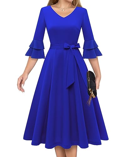 DRESSTELLS Damen Audrey Hepburn Kleid mit niedlichen Ärmeln Elegant Party Cocktail Formal Hochzeitsgast LangarmAbendkleid 50er Jahre Kleider Royal Blue M von DRESSTELLS