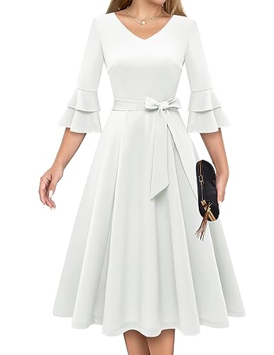 DRESSTELLS Damen Audrey Hepburn Kleid mit niedlichen Ärmeln Elegant Party Cocktail Formal Hochzeitsgast LangarmAbendkleid 50er Jahre Kleider White M von DRESSTELLS