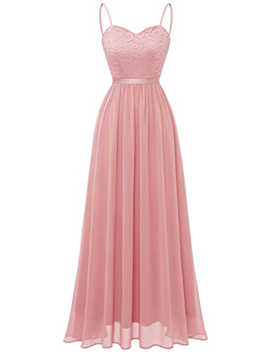 DRESSTELLS Damen Ballkleid Maxi Lang Abendkleider Chiffon Spitzen Brautjungfernkleider Bodenlang Cocktailkleid mit Spaghettiträgern Konfirmationskleid Dusty Pink L von DRESSTELLS