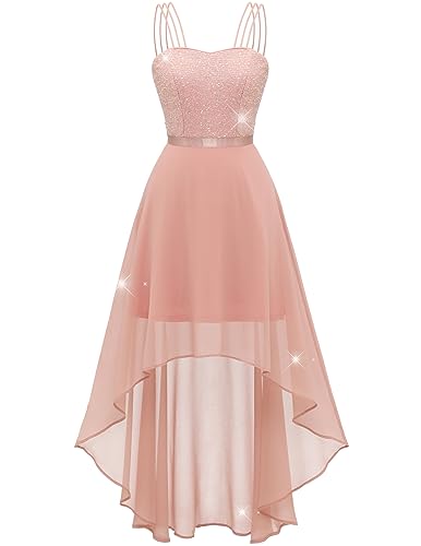 DRESSTELLS Damen Ballkleid Maxi Lang Paillettenkleider Chiffon Spitzen Brautjungfernkleider Bodenlang Cocktailkleid mit Spaghettiträgern Konfirmationskleid Blush L von DRESSTELLS