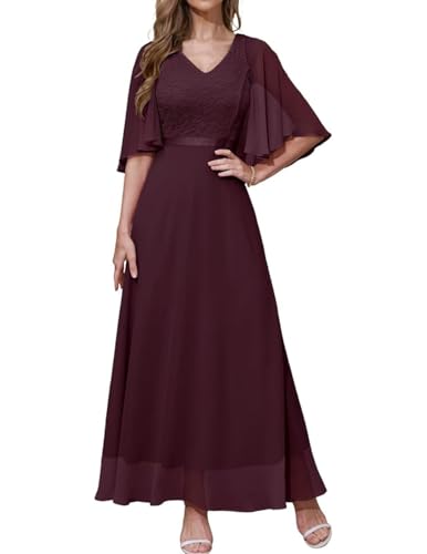 DRESSTELLS Damen Ballkleider Lang Chiffon Abendkleider V-Ausschnitt Abschlusskleider mit Ärmeln Burgundy L von DRESSTELLS
