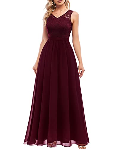 DRESSTELLS Damen Abendkleid Bodenlang Elegant für Hochzeit Chiffon Brautjungfernkleider Spitzen Cocktailkleid Ärmellos Ballkleid Burgundy XL von DRESSTELLS