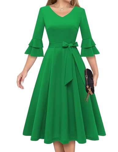 DRESSTELLS Damen Bescheidene Kleider Herbst Hochzeitsgast Langarm Weiche und Bequem Damenkleider für Kirche A-Linie Formale Kleider Green 3XL von DRESSTELLS