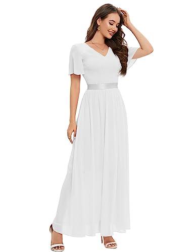 DRESSTELLS Damen Brautjungfer Kleid Lang Chiffon Abendkleid Party Cocktailkleid V-Ausschnitt Sommerkleid Weiß White 2XL von DRESSTELLS