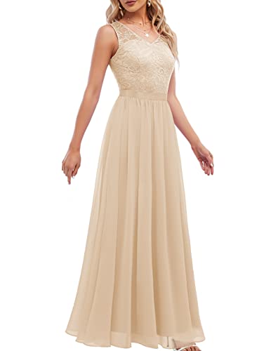 DRESSTELLS Damen Abendkleid Lang Elegant für Hochzeit Chiffon Brautjungfernkleider Bodenlang Cocktailkleid Spitzen Ärmellos Ballkleid Champagne 2XL DRESSTELLS Damen Abendkleid Lang Elegant für Hochzeit Chiffon Brautjungfernkleider Bodenlang Cocktailkleid Spitzen Ärmellos Ballkleid Champagne 2XL von DRESSTELLS