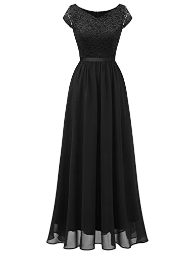 DRESSTELLS Damen Cocktail-Party-Kleid Abendkleider Elegant für Hochzeit Cocktailkleid Spitzen Ballkleider Maxilang Black S von DRESSTELLS