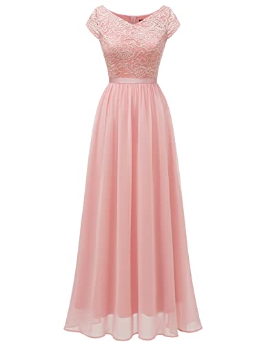 DRESSTELLS Abendkleider Damen elegant für Hochzeit Spitzenkleid Chiffon Brautjunferkleid Bridesmaid Dress Abschlusskleid lang Ballkleid Strandkleid Blush S von DRESSTELLS