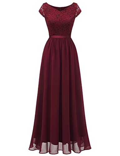 DRESSTELLS Damen Cocktail-Party-Kleid Abendkleider Elegant für Hochzeit Cocktailkleid Spitzen Ballkleider Maxilang Burgundy S von DRESSTELLS