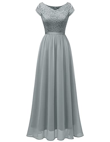 DRESSTELLS Abendkleider Damen elegant für Hochzeit Spitzenkleid Chiffon Brautjunferkleid Bridesmaid Dress Abschlusskleid lang Ballkleid Strandkleid Grey S von DRESSTELLS