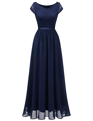 DRESSTELLS Damen Cocktail-Party-Kleid Abendkleider Elegant für Hochzeit Cocktailkleid Spitzen Ballkleider Maxilang Navy S von DRESSTELLS