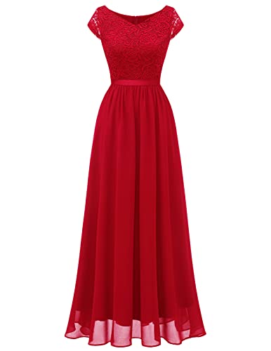 DRESSTELLS Abendkleider Damen elegant für Hochzeit Spitzenkleid Chiffon Brautjunferkleid Bridesmaid Dress Abschlusskleid lang Ballkleid Strandkleid Red S von DRESSTELLS