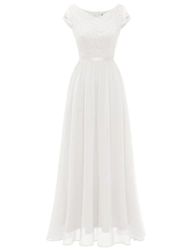 DRESSTELLS Abendkleider Damen elegant für Hochzeit Spitzenkleid Chiffon Brautjunferkleid Bridesmaid Dress Abschlusskleid lang Ballkleid Strandkleid White S von DRESSTELLS