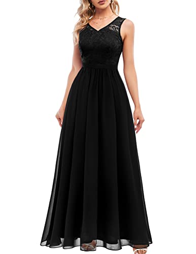 DRESSTELLS Abendkleider elegant für Hochzeit Spitzen Chiffon Swing Cocktailkleider Schlitz Ärmel Spitzekleid Abschlusskleid lang Ballkleid Black M von DRESSTELLS