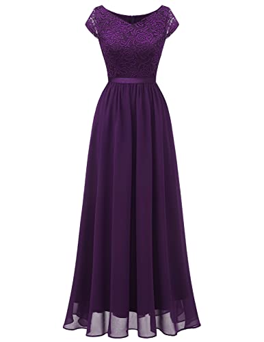 DRESSTELLS Damen Cocktail-Party-Kleid Abendkleider Lang Chiffon Brautjungfernkleider Hochzeitskleid Spitzenkleider Grape M von DRESSTELLS