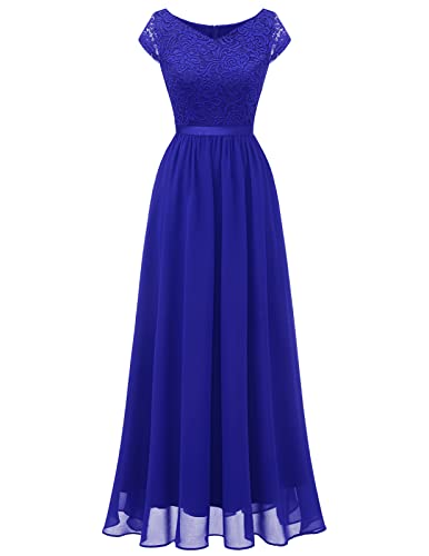 DRESSTELLS Abendkleider elegant für Hochzeit Spitzen Chiffon Swing Cocktailkleider Schlitz Ärmel Spitzekleid Abschlusskleid lang Ballkleid Royalblue M von DRESSTELLS