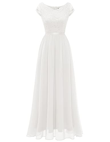 DRESSTELLS Damen Cocktail-Party-Kleid Elegant Chiffon Abendkleider V-Ausschnitt Spitzen Brautjungfernkleider Ballkleid White 3XL von DRESSTELLS