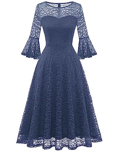 DRESSTELLS Damen Cocktailkleid 3/4 Ärmel Rundhals Knielang Abendkleid Party Midi Ballkleid Spitzenkleid Jugendweihe Kleider Greyblue S von DRESSTELLS